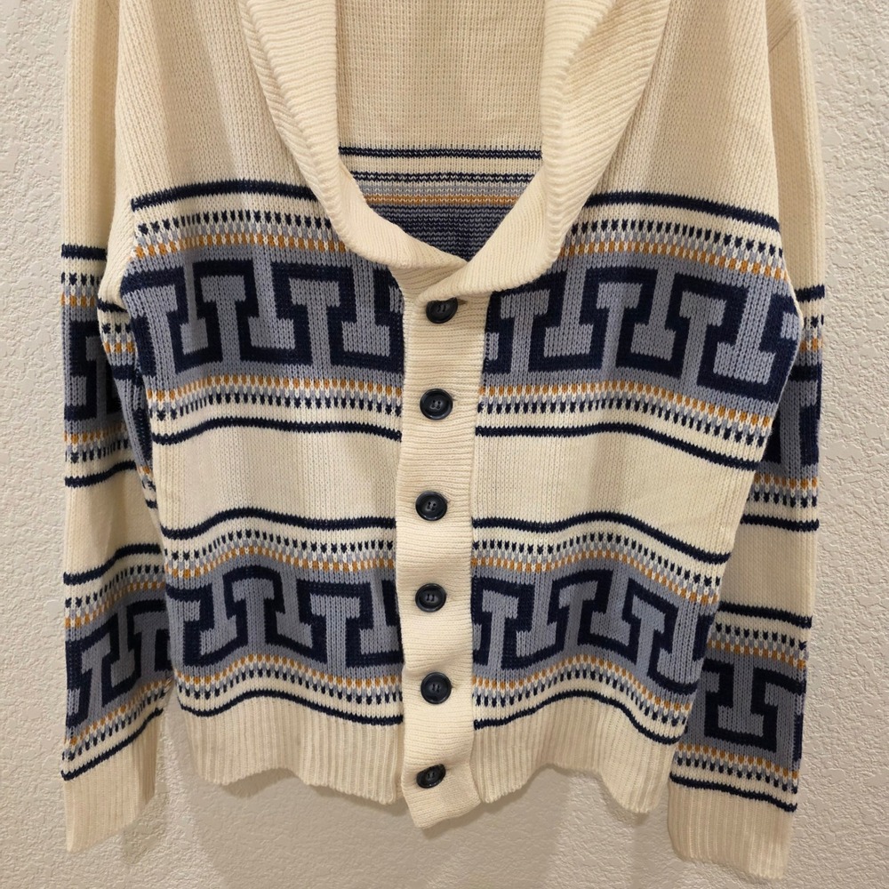Vintage Sarby Sportswear Greek Key Shawl Collar Cardigan Mens L Cream Blue Heavy - Picture 4 of 11